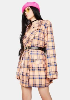 Daisy Street Blue Orange Check Blazer Outerwear