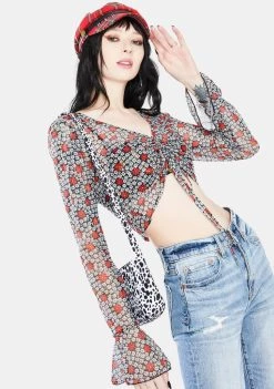 Daisy Street Tops Black Floral Long Sleeve Crop Top