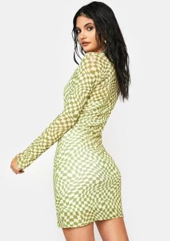 Daisy Street Long Sleeve Mesh Checkered Dress