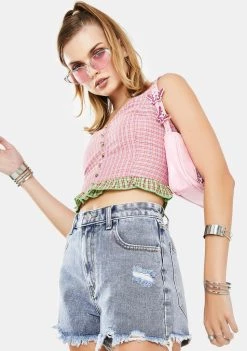 Daisy Street Checkered Button Front Crop Top