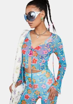 Daisy Street Blue Floral Mesh Long Sleeve Top Mesh Shirt