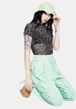Daisy Street Black Floral Mesh Top