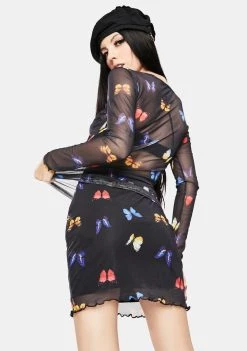 Daisy Street Black Butterfly Mesh Mini Skirt