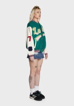 Daisy Street Embroidered Patch Green Varsity Jacket