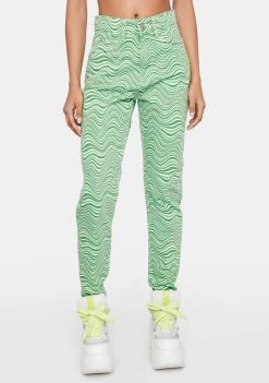 Daisy Street Green Wavy Print Mom Jeans High Waisted Jeans