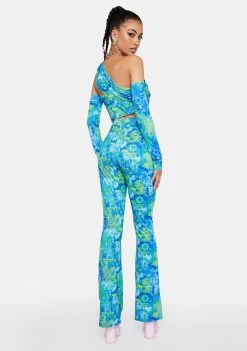 Daisy Street Blue Printed Becky Flare Pants Bottoms