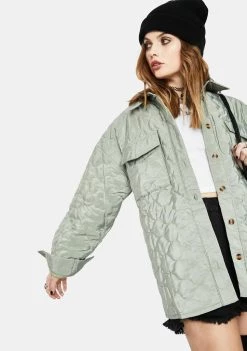Daisy Street Outerwear Green Grey Quilted Shirt Jacket