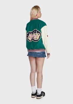 Daisy Street Embroidered Patch Green Varsity Jacket