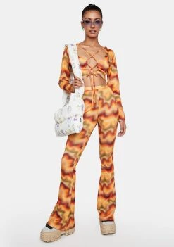 Daisy Street Orange Multi Print Becky Flare Pants Bottoms