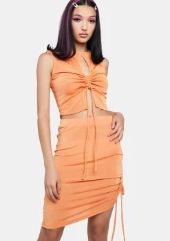 Daisy Street Orange Slinky Ruched Skirt Midi Skirt
