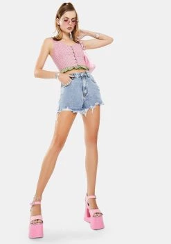 Daisy Street Checkered Button Front Crop Top