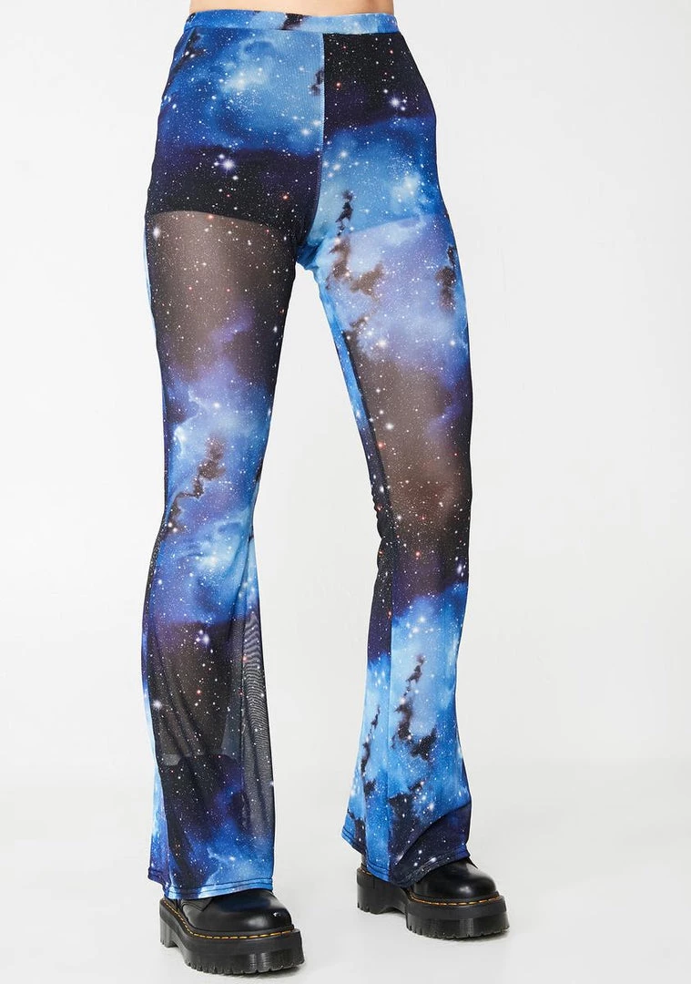 Daisy Street Galaxy Print Mesh Flared Trousers Bottoms