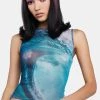 Daisy Street Ocean Photographic Mesh Vest Sheer Crop Top