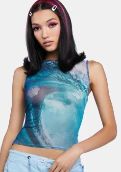Daisy Street Ocean Photographic Mesh Vest Sheer Crop Top
