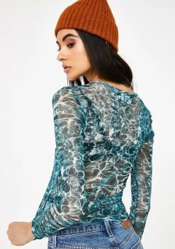 Daisy Street Water Print Mesh Long Sleeve Top