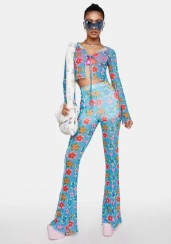 Daisy Street Blue Floral Mesh Trousers