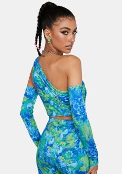 Daisy Street Tops Blue Printed One Shoulder Crop Top