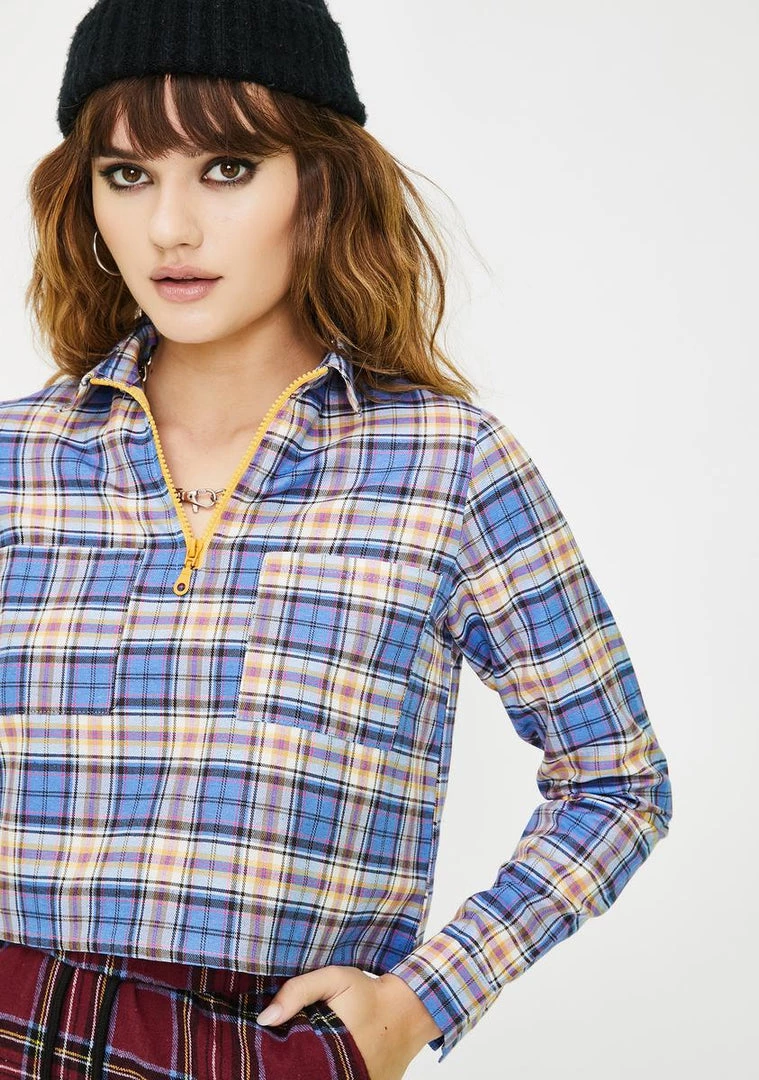 Daisy Street Cropped Checkered Zip Up Top