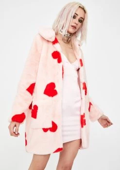 Daisy Street Outerwear Heart Print Faux Fur Coat