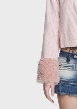 Daisy Street Houndstooth Print Fur Trim Jacket Faux Fur Jacket