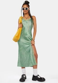 Daisy Street Green Wave Satin Slip Dress Midi Dresses