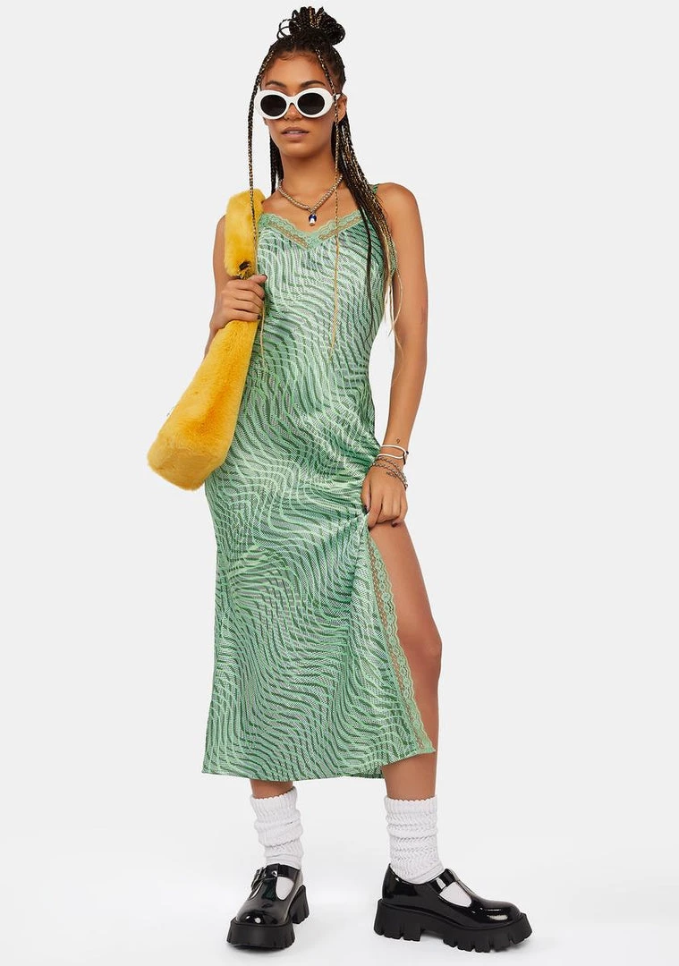 Daisy Street Green Wave Satin Slip Dress Midi Dresses