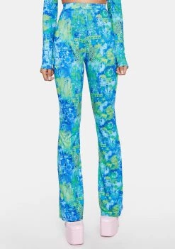 Daisy Street Blue Printed Becky Flare Pants Bottoms