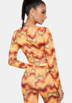 Daisy Street Orange Multi Print Lace-Up Crop Top Tops