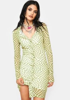 Daisy Street Long Sleeve Mesh Checkered Dress