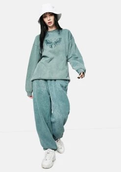 Daisy Street Zara Washed Green Butterfly Sweatshirt