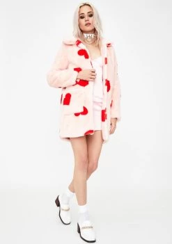 Daisy Street Outerwear Heart Print Faux Fur Coat