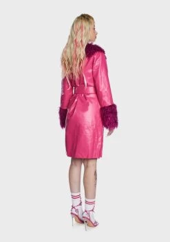 Daisy Street Faux Fur Coats Pink Faux Leather Fur Trim Coat