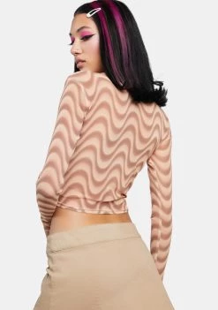 Daisy Street Brown Wave Print Mesh Top Mesh Shirt