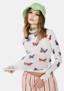 Daisy Street White Butterfly Print Mesh Top Tops