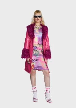 Daisy Street Faux Fur Coats Pink Faux Leather Fur Trim Coat
