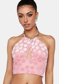 Daisy Street Tops Pink Floral Halter Crop Top