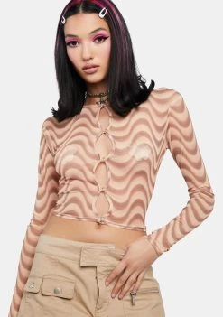 Daisy Street Brown Wave Print Mesh Top Mesh Shirt