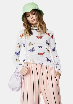 Daisy Street White Butterfly Print Mesh Top Tops