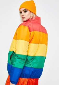Daisy Street Outerwear Rainbow Colorblock Puffer Jacket