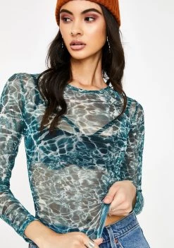 Daisy Street Water Print Mesh Long Sleeve Top
