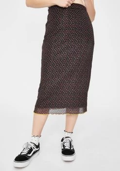 Daisy Street Black Floral Mesh Midi Skirt Bottoms