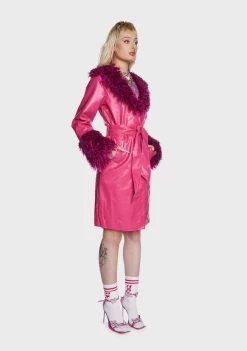 Daisy Street Faux Fur Coats Pink Faux Leather Fur Trim Coat
