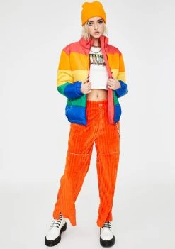Daisy Street Outerwear Rainbow Colorblock Puffer Jacket