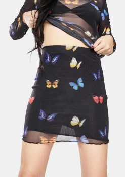 Daisy Street Black Butterfly Mesh Mini Skirt