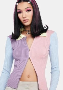 Daisy Street Tops Pastel Color Block Zipped Knit Shirt