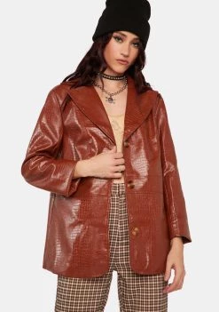Daisy Street Brown Croc Vegan Leather Blazer