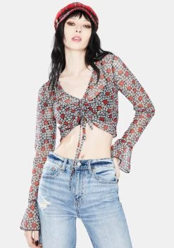 Daisy Street Tops Black Floral Long Sleeve Crop Top