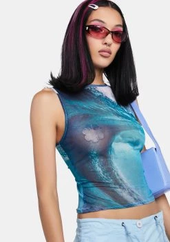Daisy Street Ocean Photographic Mesh Vest Sheer Crop Top