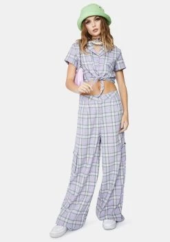Daisy Street Tops Lilac Checked Tie Front Crop Top
