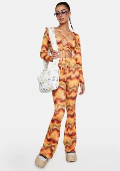 Daisy Street Orange Multi Print Lace-Up Crop Top Tops